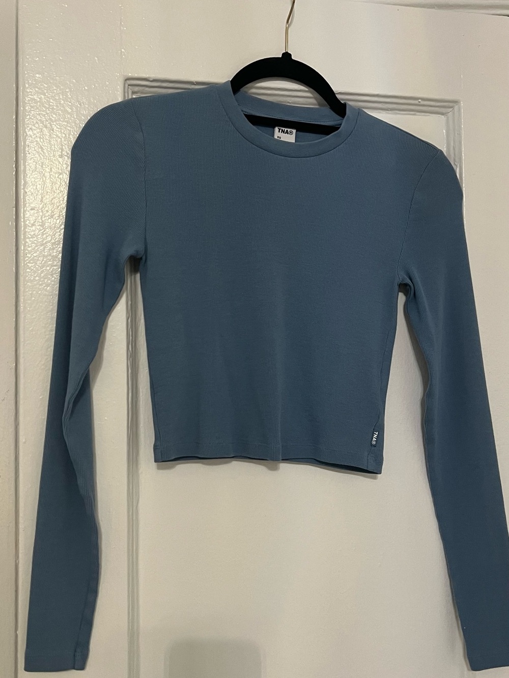 Aritzia TNA Ribbed Long Sleeve Cropped Crewneck Top — Dusty Blue